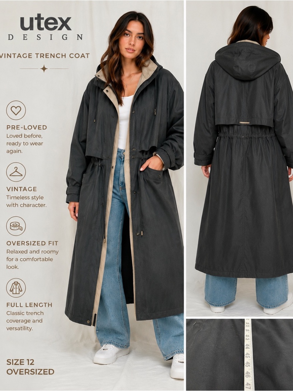 Utex Black & Beige Plaid Trench Coat Removable‎ Liner Sz12 Classic